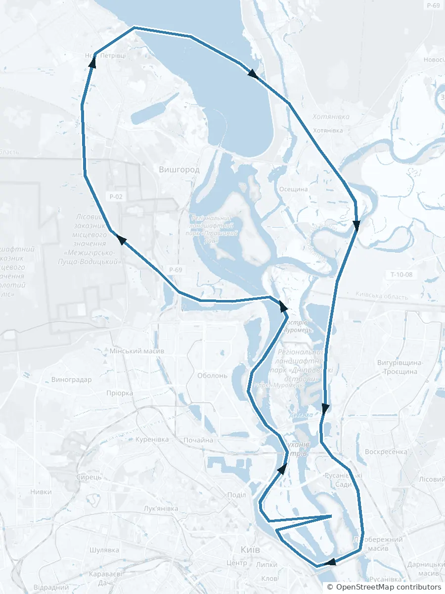 Ruta en el mapa: Vuelo en helicóptero a Mezhyhirya – 30 minutos